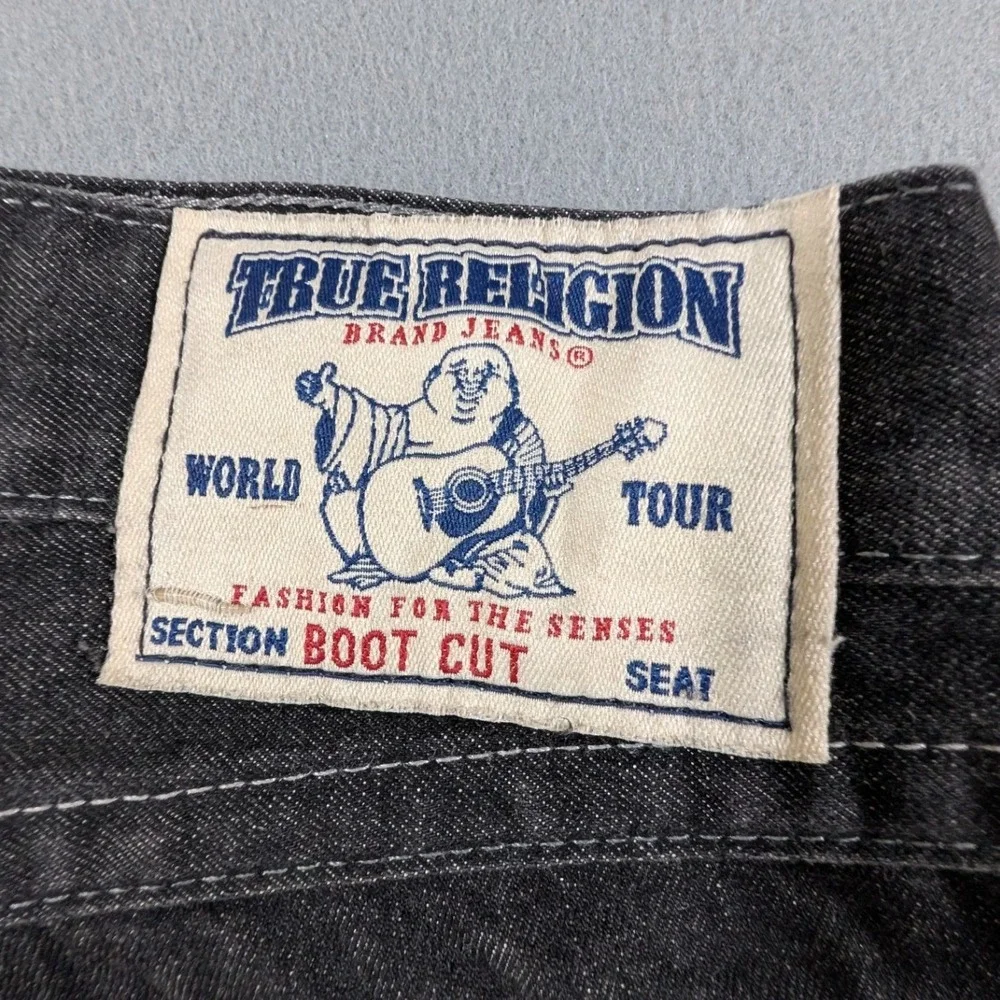 True Religion Boot Cut Jeans Mens 34 Black Camo Horseshoe Logo Made in USA